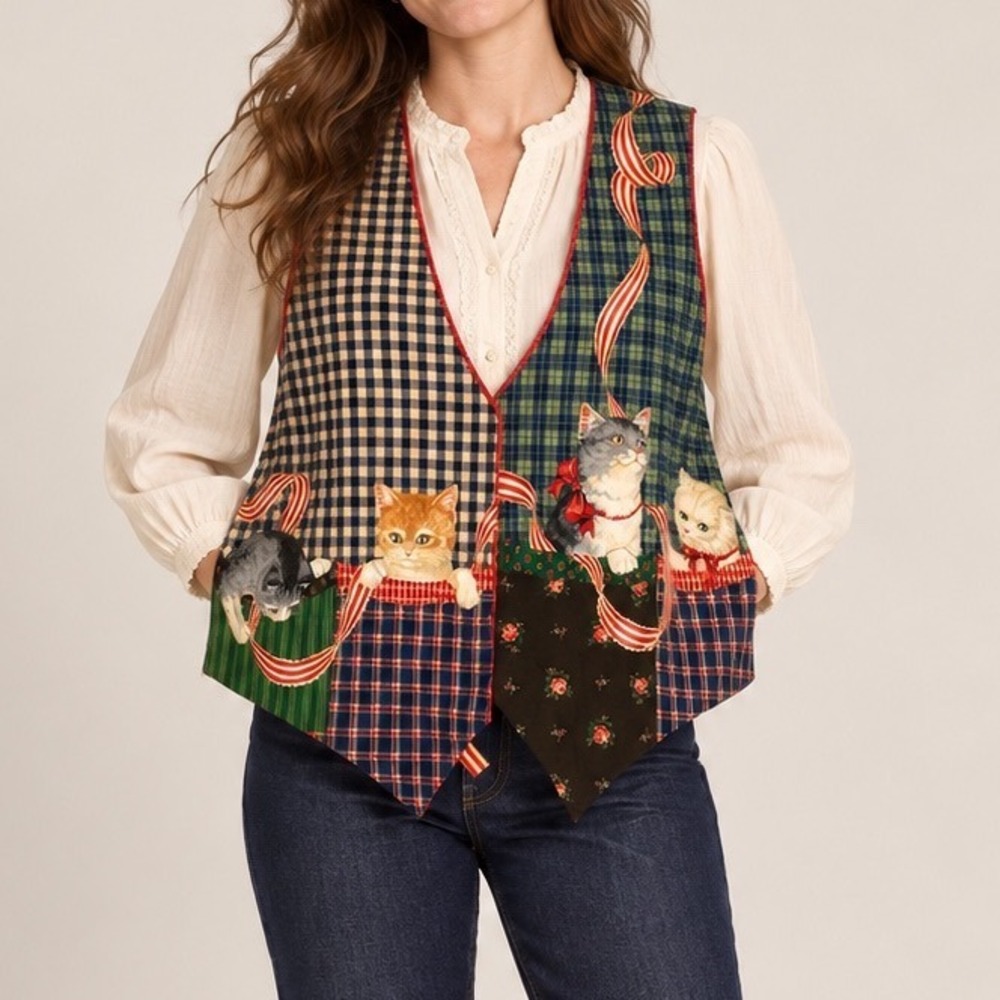 Vintage Patchwork Kitten Cat Vest Plaid Gingham Floral Cottagecore Kitschy g5